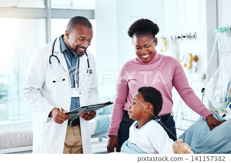 Doctor, hospital and kid with medical, checkup and consultation for health and wellness. Pediatrician, child and clinic bed with communication, comfort and good news for healthcare and life insurance Doctor, hospital and kid with medical, checkup and consultation for health and wellness. Pediatrician, child and clinic bed with communication, comfort and good news for healthcare and life insurance 141157382