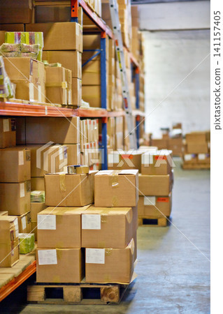 Boxes, packages and shelves with inventory at warehouse for distribution, supply chain or logistics. Empty room or interior of parcel, cargo or shipment in factory or storage for export or import Boxes, packages and shelves with inventory at warehouse for distribution, supply chain or logistics. Empty room or interior of parcel, cargo or shipment in factory or storage for export or import 141157405