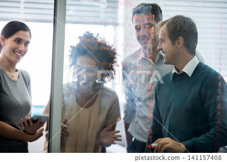Happy, people or glass as teamwork, planning or meeting of corporate, project or vision in office. Businesspeople, men or women in professional, brainstorming or conversation as startup team 141157408