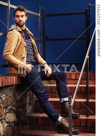 Fashion, travel and thinking for male person, urban area and clothing for cold season. Confidence, city and style with trendy clothes for explore in New York, autumn and outdoors for vacation 141157413