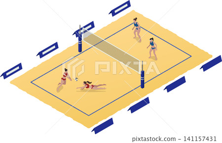 4 female athletes playing beach volleyball 141157431