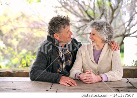 Happy, outdoor and senior couple with support and love on holiday or relax on vacation in retirement. Elderly, man and woman embrace in backyard, garden of home and talking with care in marriage Happy, outdoor and senior couple with support and love on holiday or relax on vacation in retirement. Elderly, man and woman embrace in backyard, garden of home and talking with care in marriage 141157507
