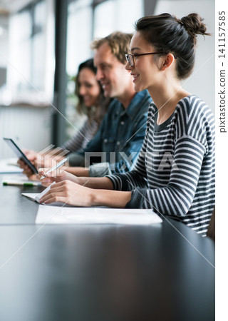 Ideas, woman and business people with meeting, teamwork and cooperation with PR agency or planning. Solution, group or consultant with creativity or artistic with freelance writer, project or blogger 141157585