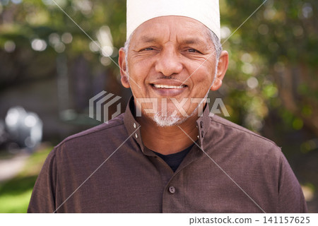 Happy, muslim and outdoor portrait of man with a smile in garden or relax on holiday in retirement. Mature, arab and person travel on vacation in summer to park to enjoy nature or trees in backyard Happy, muslim and outdoor portrait of man with a smile in garden or relax on holiday in retirement. Mature, arab and person travel on vacation in summer to park to enjoy nature or trees in backyard 141157625