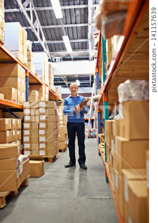 Manager, man and portrait in warehouse with clipboard for inventory, quality control and freight distribution. Senior, wholesale supplier and stock checklist in logistics industry for box inspection Manager, man and portrait in warehouse with clipboard for inventory, quality control and freight distribution. Senior, wholesale supplier and stock checklist in logistics industry for box inspection 141157639