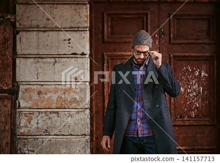 Fashion, glasses and man in city for vacation, adventure or holiday travel with stylish winter outfit. Spectacles, elegant and male person with classy, trendy and fancy style in town for weekend trip Fashion, glasses and man in city for vacation, adventure or holiday travel with stylish winter outfit. Spectacles, elegant and male person with classy, trendy and fancy style in town for weekend trip 141157713