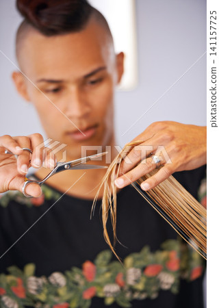 Beauty, hands and man with scissors for haircut, styling and maintenance for hair care at hairdresser. Grooming, cosmetic treatment and stylist at professional salon with client, pamper and makeover 141157725