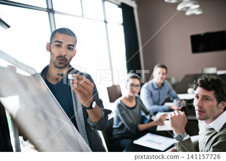 People, whiteboard or idea as business, presentation or feedback in planning, meeting or teamwork. Man, team or conference room as question, answer or review of solution in company or training office People, whiteboard or idea as business, presentation or feedback in planning, meeting or teamwork. Man, team or conference room as question, answer or review of solution in company or training office 141157726
