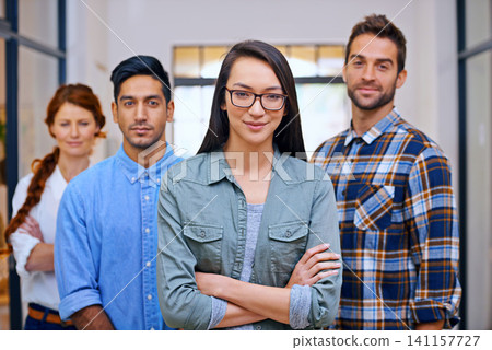 Portrait, leader and woman with business people at creative startup with confidence, face or solidarity. Community, professional men and women together in design office for team, pride and smile Portrait, leader and woman with business people at creative startup with confidence, face or solidarity. Community, professional men and women together in design office for team, pride and smile 141157727