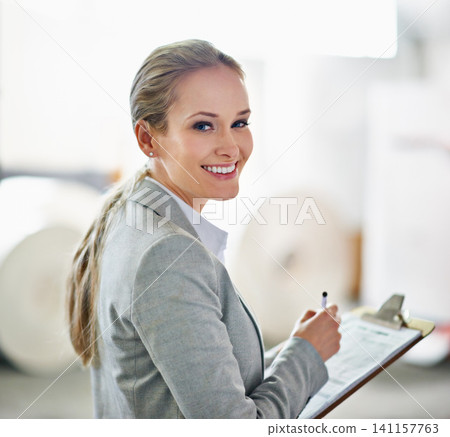 Writing, clipboard or woman portrait at a warehouse for logistic, delivery or cargo, shipping or planning. Factory, supply chain or lady manager paper checklist for retail, stock or procurement notes Writing, clipboard or woman portrait at a warehouse for logistic, delivery or cargo, shipping or planning. Factory, supply chain or lady manager paper checklist for retail, stock or procurement notes 141157763