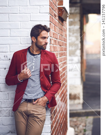 Fashion, thinking and man in city for travel on vacation, adventure or holiday with confidence. Pride, stylish and person with trendy, cool and casual outfit with ideas in urban town for weekend trip Fashion, thinking and man in city for travel on vacation, adventure or holiday with confidence. Pride, stylish and person with trendy, cool and casual outfit with ideas in urban town for weekend trip 141157796