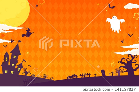 Halloween frame 2 with a full moon and orange background (horizontal) Halloween frame 2 with a full moon and orange background (horizontal) 141157827