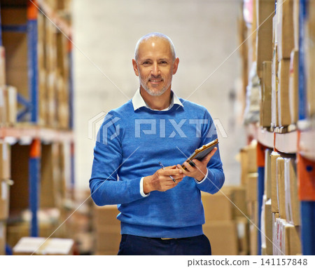 Warehouse, portrait or senior businessman with tablet for logistic, delivery or cargo, shipping or planning. Factory, supply chain or face of manager with app for retail, stock or digital procurement Warehouse, portrait or senior businessman with tablet for logistic, delivery or cargo, shipping or planning. Factory, supply chain or face of manager with app for retail, stock or digital procurement 141157848