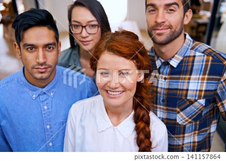 Portrait, leadership and happy woman with business people at creative startup with confidence, management and diversity. Community, men and women together in design office for team, pride and smile 141157864