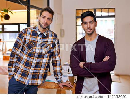 Small business, partner and portrait of men at creative startup with smile, confidence and opportunity for entrepreneur. Office, friends and design team with pride, arms crossed and collaboration. Small business, partner and portrait of men at creative startup with smile, confidence and opportunity for entrepreneur. Office, friends and design team with pride, arms crossed and collaboration. 141158091
