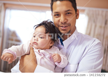 Portrait, home and father with baby, love and smile with happiness, cheerful and bonding together. Face, Islamic family or dad with infant or growth with joy and tradition with hug or eid celebration Portrait, home and father with baby, love and smile with happiness, cheerful and bonding together. Face, Islamic family or dad with infant or growth with joy and tradition with hug or eid celebration 141158272