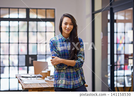 Happy woman, portrait and creative designer with confidence for career ambition at the office. Face of female person or employee with smile and arms crossed for job, pride or startup at the workplace Happy woman, portrait and creative designer with confidence for career ambition at the office. Face of female person or employee with smile and arms crossed for job, pride or startup at the workplace 141158530