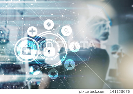 Overlay, hospital and healthcare insurance with doctors for medical service with icons for future at job. Holographic display, symbol and sign for policy, people or digital transformation in clinic 141158676