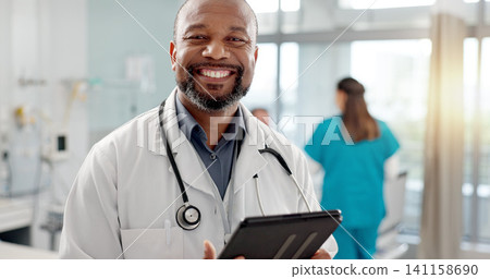 Hospital, face and black man with a tablet, doctor and typing with website info, internet and consultant. African person, portrait and medical professional with tech, clinic and research with email Hospital, face and black man with a tablet, doctor and typing with website info, internet and consultant. African person, portrait and medical professional with tech, clinic and research with email 141158690