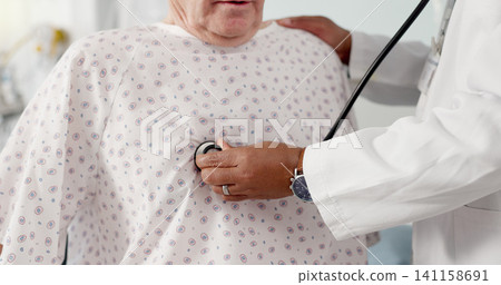 Senior man, doctor and hands listening to heart beat, rate or breathing in cardiology with patient at hospital. Closeup of medical professional or surgeon checking respiratory on client for checkup Senior man, doctor and hands listening to heart beat, rate or breathing in cardiology with patient at hospital. Closeup of medical professional or surgeon checking respiratory on client for checkup 141158691