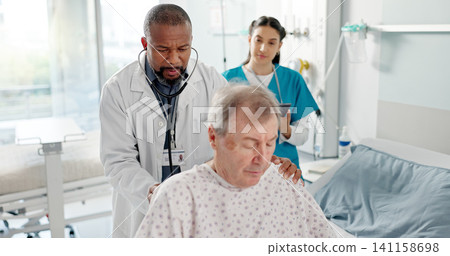 Senior patient, doctor and hospital with breathing check and stethoscope for heart exam in a clinic. Elderly care, wellness and medical help of African male professional with healthcare and listening Senior patient, doctor and hospital with breathing check and stethoscope for heart exam in a clinic. Elderly care, wellness and medical help of African male professional with healthcare and listening 141158698