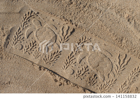 Sand carving of sea turtles and seaweed patterns on a beach, showcasing intricate designs in the fine grains of sand Sand carving of sea turtles and seaweed patterns on a beach, showcasing intricate designs in the fine grains of sand 141158832