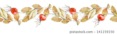 Horizontal seamless border with hand-drawn watercolor rosehip branch elements with ripe red berries and autumn leaves on a white background. Botanical ribbon design for festive invitations, autumn Horizontal seamless border with hand-drawn watercolor rosehip branch elements with ripe red berries and autumn leaves on a white background. Botanical ribbon design for festive invitations, autumn 141159150