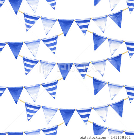 Watercolor seamless pattern with blue and white striped party bunting flags on ropes over on an isolated background. Festive illustration for textile print, wallpaper, wrapping paper, and holiday Watercolor seamless pattern with blue and white striped party bunting flags on ropes over on an isolated background. Festive illustration for textile print, wallpaper, wrapping paper, and holiday 141159161