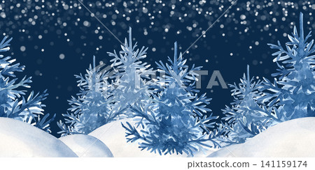 Seamless horizontal border. Watercolor christmas winter forest on a dark background. Snow pine tree landscape banner. Seamless horizontal border. Watercolor christmas winter forest on a dark background. Snow pine tree landscape banner. 141159174