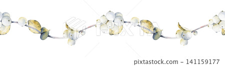 Horizontal seamless border with winter branches of a snowberry on an isolated background. watercolor illustration. For wedding invitations, holiday stationery, textile prints, and delicate packaging Horizontal seamless border with winter branches of a snowberry on an isolated background. watercolor illustration. For wedding invitations, holiday stationery, textile prints, and delicate packaging 141159177