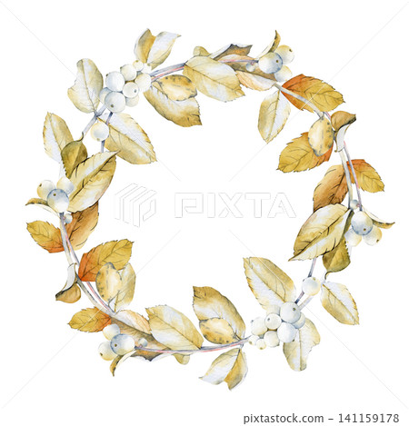 Watercolor botanical wreath with golden autumn leaves and white snowberries, isolated on white background. Winter round frame for wedding invitation and greeting cards design. Watercolor botanical wreath with golden autumn leaves and white snowberries, isolated on white background. Winter round frame for wedding invitation and greeting cards design. 141159178