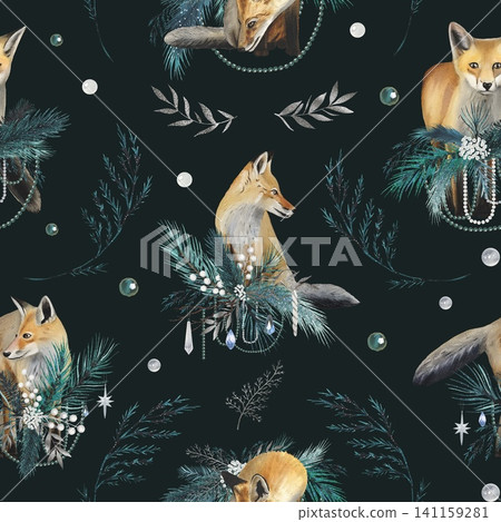 Seamless pattern with foxes and fir branches. Watercolor illustration. Seamless pattern with foxes and fir branches. Watercolor illustration. 141159281