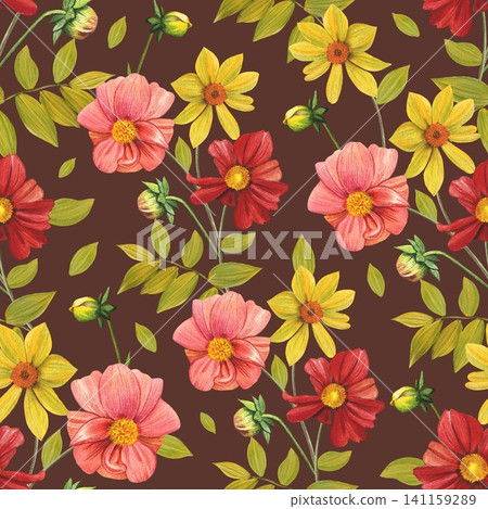 Seamless floral pattern with vibrant yellow, red dahlias, leaves. Hand drawn watercolor illustration. Seamless floral pattern with vibrant yellow, red dahlias, leaves. Hand drawn watercolor illustration. 141159289