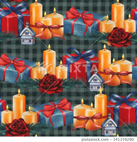 Hand drawn seamless pattern with gifts, candles. Watercolor illustration. 141159290