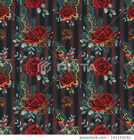Hand drawn Christmas seamless pattern with red roses, eucalyptus branches, red berries, and fir branches. Watercolor illustration. Hand drawn Christmas seamless pattern with red roses, eucalyptus branches, red berries, and fir branches. Watercolor illustration. 141159292