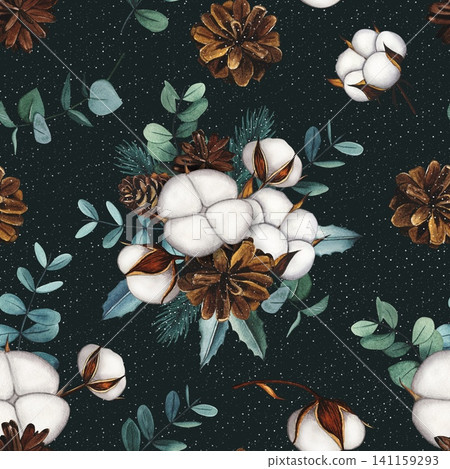 Hand drawn Christmas seamless pattern with cotton, fir cones, eucalyptus. Watercolor illustration Hand drawn Christmas seamless pattern with cotton, fir cones, eucalyptus. Watercolor illustration 141159293