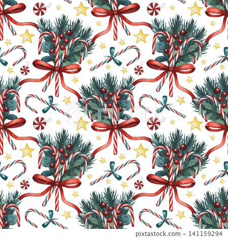 Hand drawn Christmas seamless pattern with bouquets of fir branches and candy canes. Watercolor illustration. Hand drawn Christmas seamless pattern with bouquets of fir branches and candy canes. Watercolor illustration. 141159294