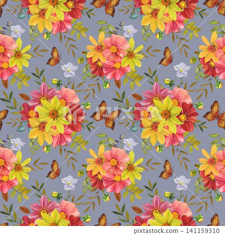 Seamless floral autumn pattern with vibrant dahlias and butterflies. Hand drawn watercolor illustration. 141159310