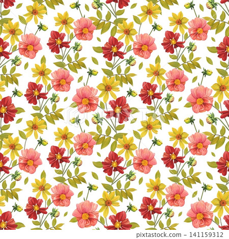 Seamless floral pattern with vibrant yellow, red dahlias, leaves. Hand drawn watercolor illustration. Seamless floral pattern with vibrant yellow, red dahlias, leaves. Hand drawn watercolor illustration. 141159312