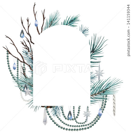 Hand drawn frame of spruce branches, decoratoins, beads. Watercolor illustration. Perfect for winter invitations. Hand drawn frame of spruce branches, decoratoins, beads. Watercolor illustration. Perfect for winter invitations. 141159344