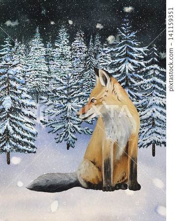 Hand drawn winter card featuring fox cub in a snowy forest with spruce trees. Watercolor illustration. Hand drawn winter card featuring fox cub in a snowy forest with spruce trees. Watercolor illustration. 141159351
