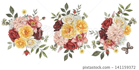 Bouquets with autumn flowers. Yellow, white, red roses, dahlia, lily. Hand drawn watercolor illustration. Bouquets with autumn flowers. Yellow, white, red roses, dahlia, lily. Hand drawn watercolor illustration. 141159372