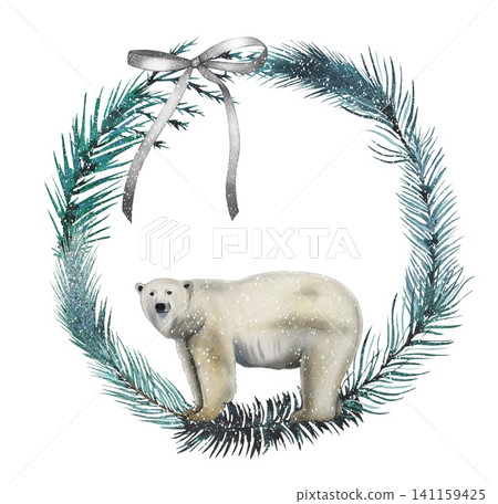 Hand drawn wreath of spruce branches and polar bear. Watercolor illustration. Perfect for winter cards. 141159425