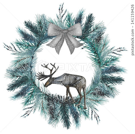 Hand drawn wreath of spruce branches,  reindeer. Watercolor illustration. Perfect for winter cards. 141159426