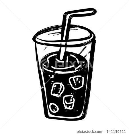 Iced coffee or soda in cup with straw doodle illustration, black and white line art vector graphic for cafe menu design Iced coffee or soda in cup with straw doodle illustration, black and white line art vector graphic for cafe menu design 141159511