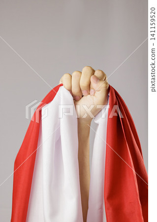 A clenched fist holding a red and white flag, raised high against a neutral grey background. Represents strength, unity, power, protest, and national independence day celebrations. High Quality Photo A clenched fist holding a red and white flag, raised high against a neutral grey background. Represents strength, unity, power, protest, and national independence day celebrations. High Quality Photo 141159520