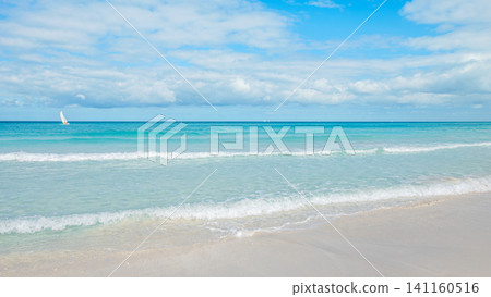 Calm ocean waves gently lap on the sandy shore under a bright blue sky Calm ocean waves gently lap on the sandy shore under a bright blue sky 141160516