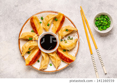 Dumplings served on a plate with green onions Dumplings served on a plate with green onions 141160559