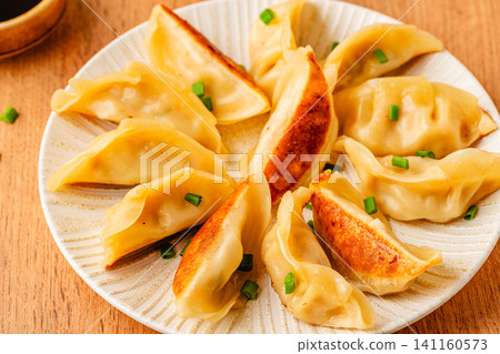 Dumplings served on a plate with green onions 141160573