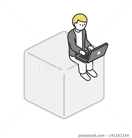 Isometric illustration: A man sitting on a square box and using a computer. Isometric illustration: A man sitting on a square box and using a computer. 141161334